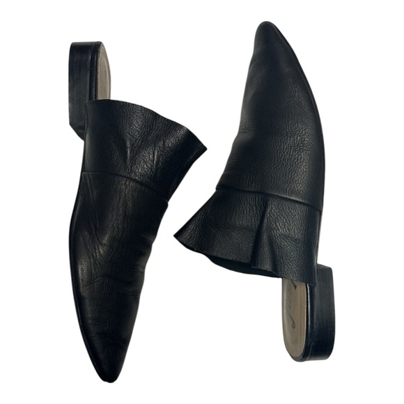 Free People Sienna Ruffle Slip On Black Leather Pointed Toe Mules Shoes 38 EU - Picture 3 of 11